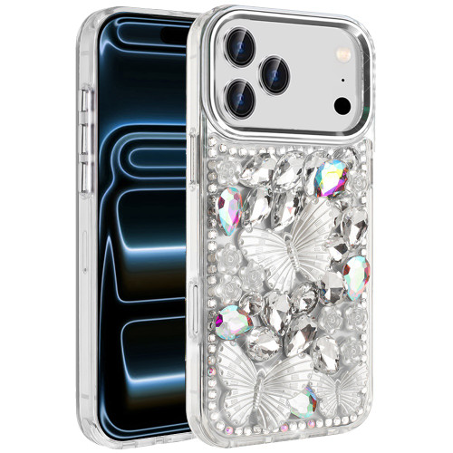 Butterfly Luxurious Bling 3D Crystal Diamond Case for iPhone 18 Pro and iPhone 17 Pro - Silver