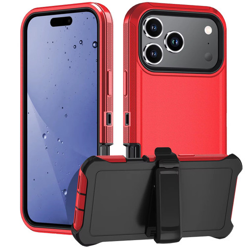 Military Grade Heavy Duty Shockproof Hybrid Armor Case with Belt Clip Holster for iPhone 18 Pro Max and iPhone 17 Pro Max - Red