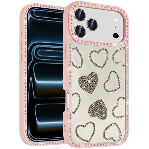 Spread Love Hearts Dazzling Diamond Transparent Hybrid Case for iPhone 18 Pro Max and iPhone 17 Pro Max - Pink