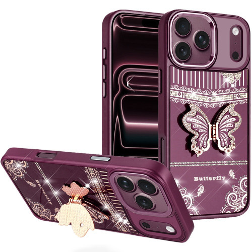 Dazzling Diamond Hybrid Case with Butterfly Stand for iPhone 18 Pro Max and iPhone 17 Pro Max - Burgundy