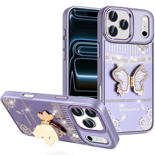 Dazzling Diamond Hybrid Case with Butterfly Stand for iPhone 18 Pro Max and iPhone 17 Pro Max - Purple