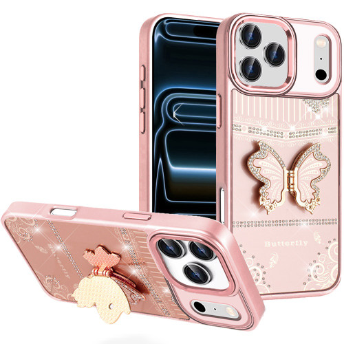 Dazzling Diamond Hybrid Case with Butterfly Stand for iPhone 18 Pro Max and iPhone 17 Pro Max - Rose Gold