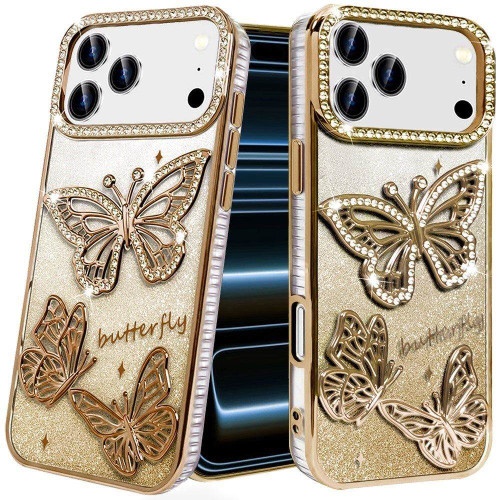 Butterfly Twinkle Glitter Diamond Case for iPhone 18 Pro Max and iPhone 17 Pro Max - Gold