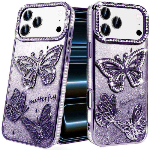 Butterfly Twinkle Glitter Diamond Case for iPhone 18 Pro Max and iPhone 17 Pro Max - Purple