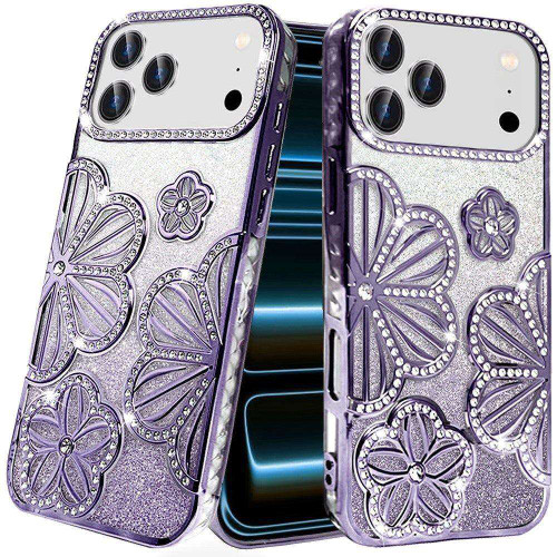 Floral Twinkle Glitter Diamond Case for iPhone 18 Pro Max and iPhone 17 Pro Max - Purple