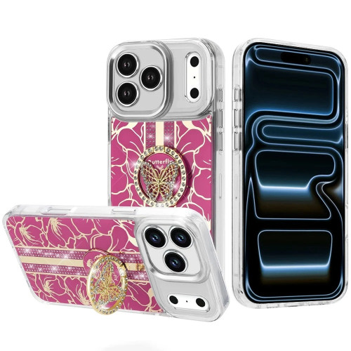 Floral Design Diamond Rhinestone Case with Butterfly Stand for iPhone 18 Pro Max and iPhone 17 Pro Max - Hot Pink