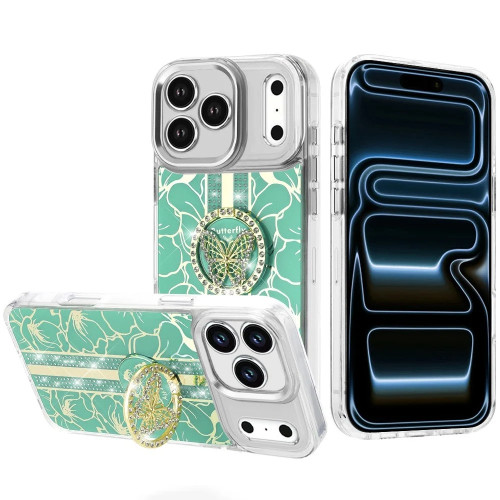 Floral Design Diamond Rhinestone Case with Butterfly Stand for iPhone 18 Pro Max and iPhone 17 Pro Max - Green