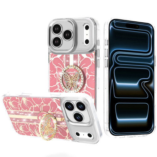 Floral Design Diamond Rhinestone Case with Butterfly Stand for iPhone 18 Pro Max and iPhone 17 Pro Max - Pink