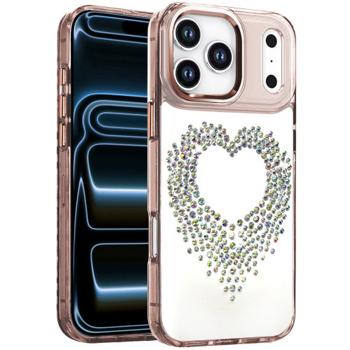 Angel Heart Sparkling Diamond Transparent Hybrid Case for iPhone 18 Pro and iPhone 17 Pro - Rose Gold