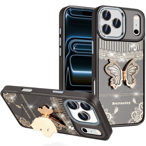 Dazzling Diamond Hybrid Case with Butterfly Stand for iPhone 18 Pro and iPhone 17 Pro - Black