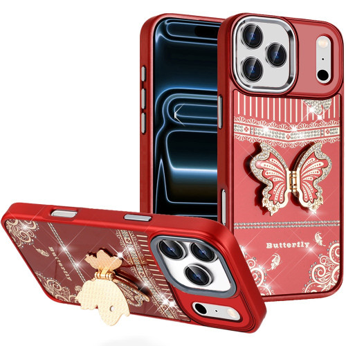 Dazzling Diamond Hybrid Case with Butterfly Stand for iPhone 18 Pro and iPhone 17 Pro - Red