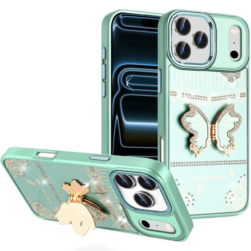 Dazzling Diamond Hybrid Case with Butterfly Stand for iPhone 18 Pro and iPhone 17 Pro - Teal