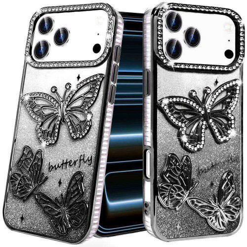 Butterfly Twinkle Glitter Diamond Case for iPhone 18 Pro and iPhone 17 Pro - Black