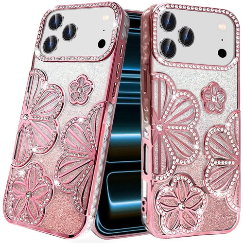 Floral Twinkle Glitter Diamond Case for iPhone 18 Pro and iPhone 17 Pro - Rose Gold