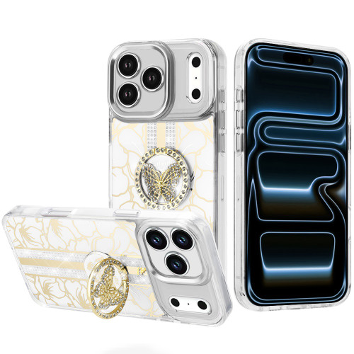 Floral Design Diamond Rhinestone Case with Butterfly Stand for iPhone 18 Pro and iPhone 17 Pro - White