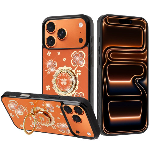 Splendid Four-Leaf Clover Diamond Rhinestone Case with Ring Grip for iPhone 18 Pro Max and iPhone 17 Pro Max - Cosmic Orange