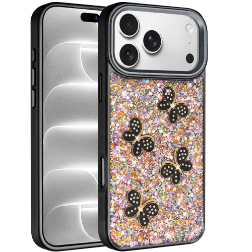 Crystal Butterfly Design Epoxy Glitter Hybrid Case for iPhone 18 Pro and iPhone 17 Pro - Black