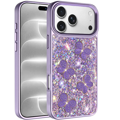 Crystal Butterfly Design Epoxy Glitter Hybrid Case for iPhone 18 Pro and iPhone 17 Pro - Purple