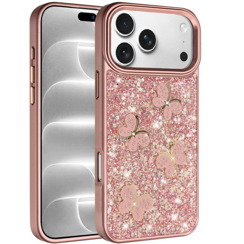 Crystal Butterfly Design Epoxy Glitter Hybrid Case for iPhone 18 Pro and iPhone 17 Pro - Rose Gold