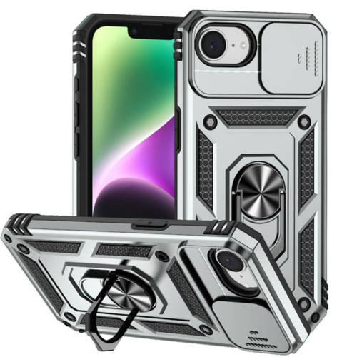 Military Grade Hybrid Case with Ring Grip and Camera Lens Protector for iPhone 17e / 16e - Silver