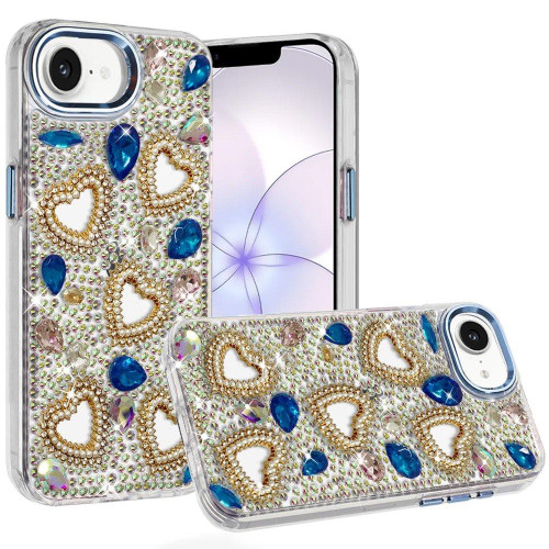 Luxury Crystal Heart Bling 3D Diamond Case for iPhone 17e / 16e - Blue