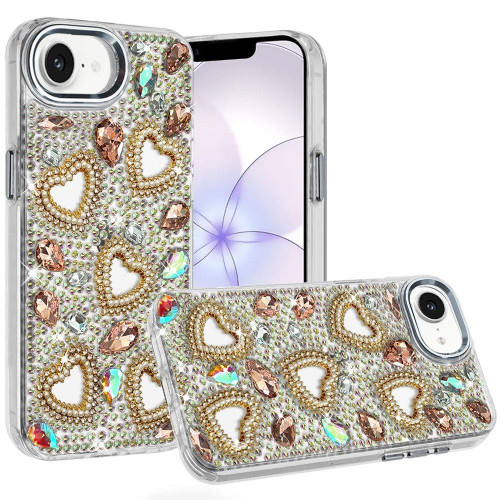 Luxury Crystal Heart Bling 3D Diamond Case for iPhone 17e / 16e - Champagne