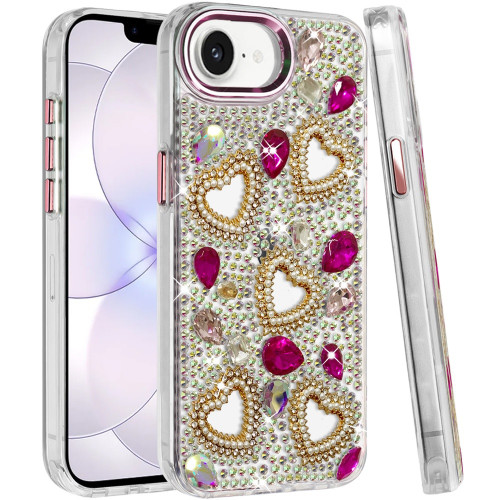 Luxury Crystal Heart Bling 3D Diamond Case for iPhone 17e / 16e - Hot Pink