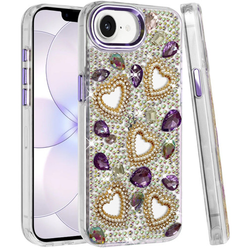 Luxury Crystal Heart Bling 3D Diamond Case for iPhone 17e / 16e - Purple
