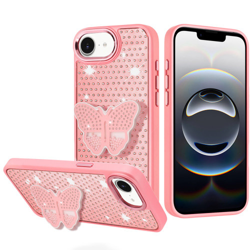 Dazzling Diamond Hybrid Case with Butterfly Grip Stand for iPhone 17e / 16e - Pink