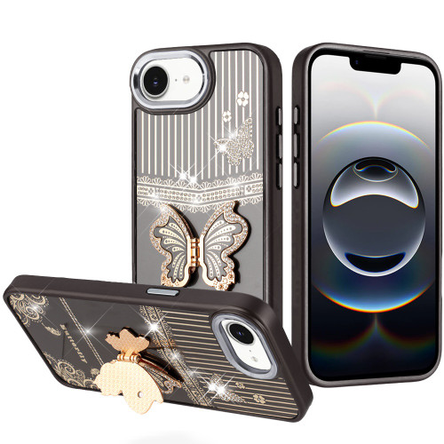 Dazzling Diamond Hybrid Case with Butterfly Stand for iPhone 17e / 16e - Black