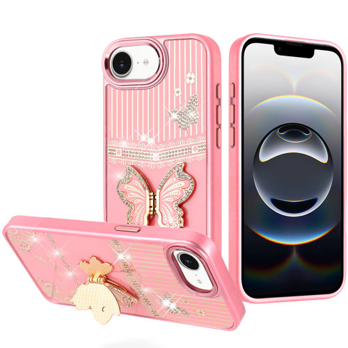 Dazzling Diamond Hybrid Case with Butterfly Stand for iPhone 17e / 16e - Pink