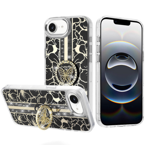 Floral Design Diamond Rhinestone Case with Butterfly Stand for iPhone 17e / 16e - Black