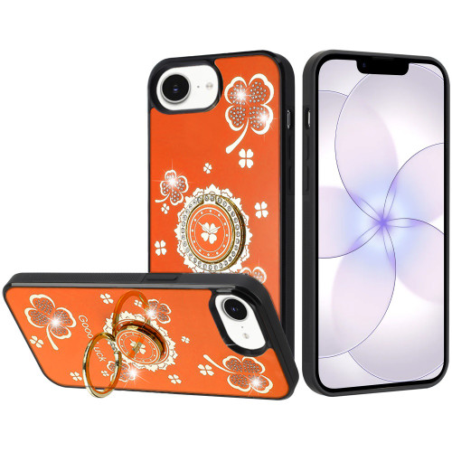 Splendid Four-Leaf Clover Diamond Rhinestone Case with Ring Grip for iPhone 17e / 16e - Cosmic Orange