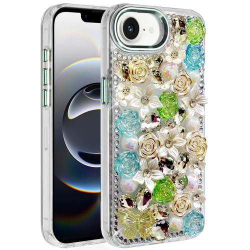 Floral Luxurious Bling 3D Crystal Diamond Case for iPhone 17e / 16e - Green