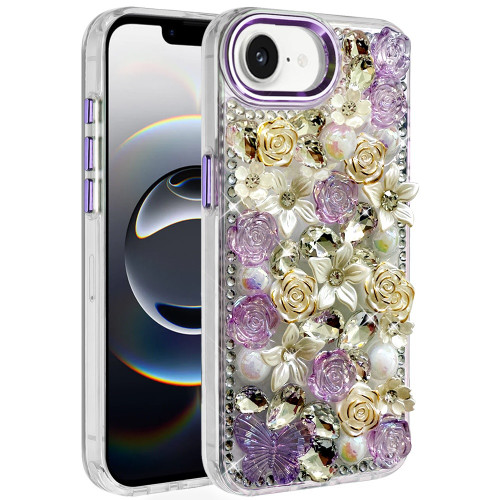 Floral Luxurious Bling 3D Crystal Diamond Case for iPhone 17e / 16e - Purple