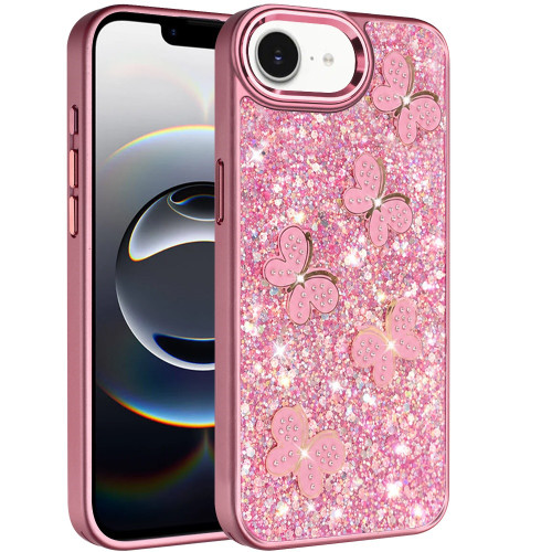 Crystal Butterfly Design Epoxy Glitter Hybrid Case for iPhone 17e / 16e - Pink