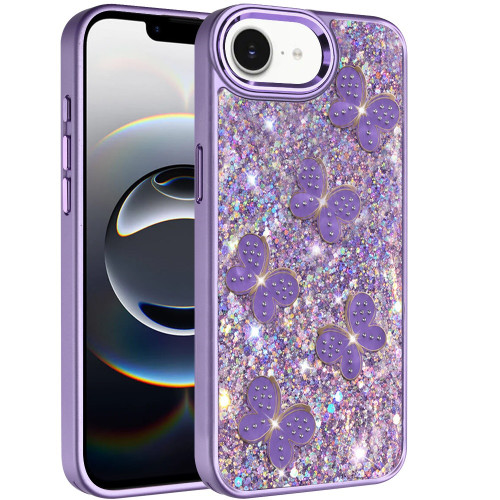 Crystal Butterfly Design Epoxy Glitter Hybrid Case for iPhone 17e / 16e - Purple