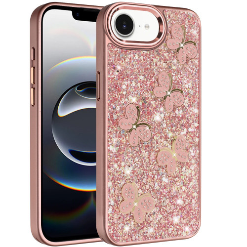 Crystal Butterfly Design Epoxy Glitter Hybrid Case for iPhone 17e / 16e - Rose Gold