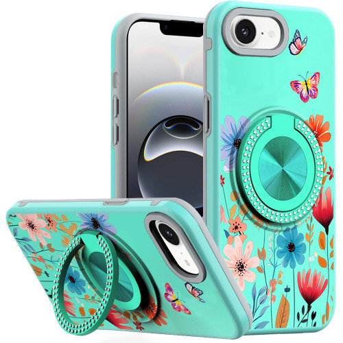 Circular Series Hybrid Case with Rotating Ring Stand for iPhone 17e / 16e - Flowers Teal