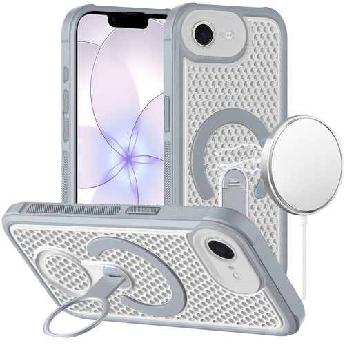 Honeycomb Series Heat Dissipation MagSafe Cooling Case with Rotating Ring Holder Kickstand for iPhone 17e / 16e - Grey