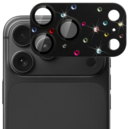 Unibody Matte Metal Tempered Glass Camera Lens Protector for iPhone 18 Pro Max - Rhinestones Black