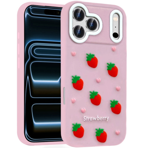 Strawberry Design Aesthetic Silicone Case for iPhone 18 Pro Max and iPhone 17 Pro Max - Pink