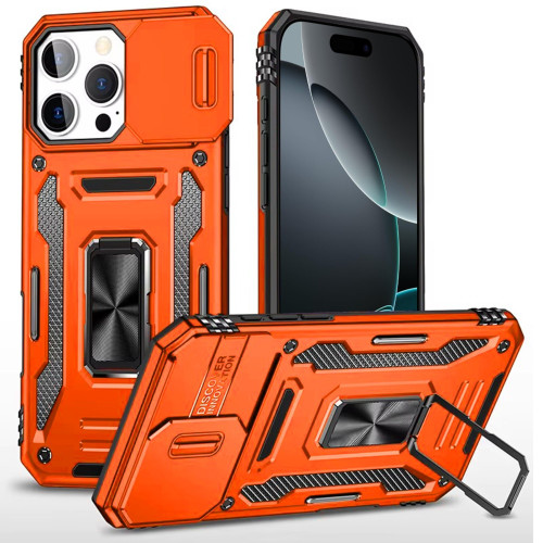 Military Grade Ring Holder Case with Camera Lens Cover for iPhone 16 Pro Max - Cosmic Orange