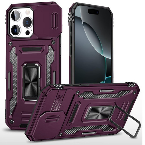 Military Grade Ring Holder Case with Camera Lens Cover for iPhone 16 Pro Max - Burgundy
