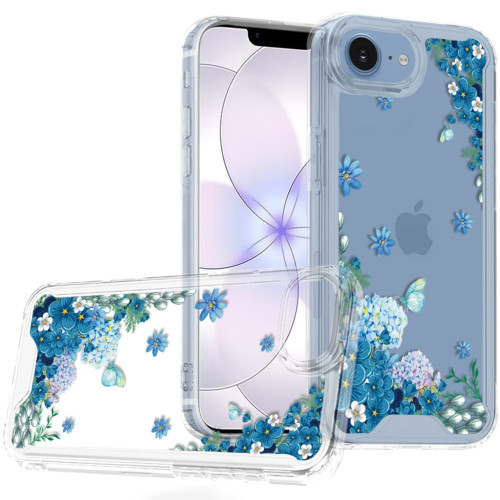 Designer Series Tough Shield Transparent Hybrid Case for iPhone 17e / 16e - Blue Floral Cascade with Sparkles