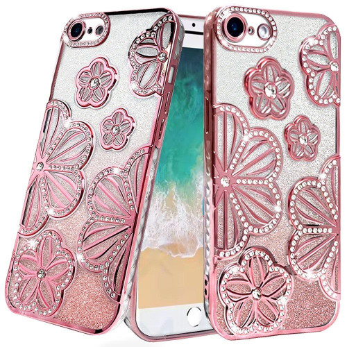 Floral Twinkle Glitter Diamond Case for iPhone 17e / 16e - Rose Gold