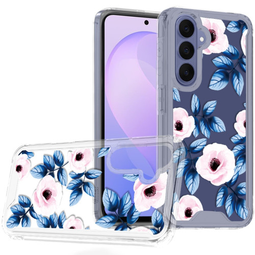 Designer Series Tough Shield Transparent Hybrid Case for Samsung Galaxy S26 FE - Blue Leaves and Pink Florals