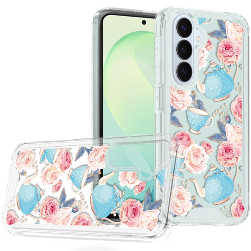 Designer Series Tough Shield Transparent Hybrid Case for Samsung Galaxy S26 FE - Pink Roses & Teal Teapots