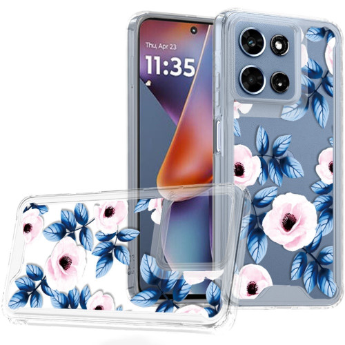 Designer Series Tough Shield Transparent Hybrid Case for Motorola Moto G (2026/2025) / Moto G Play 2026 - Blue Leaves and Pink Florals