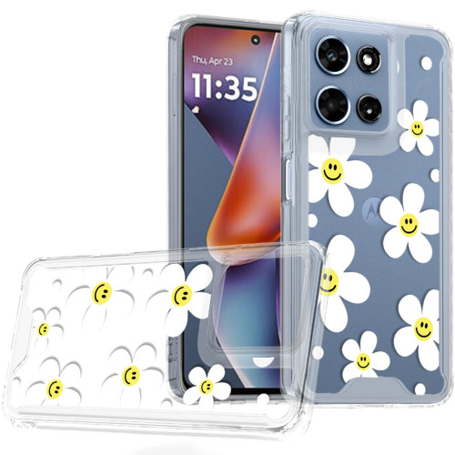 Designer Series Tough Shield Transparent Hybrid Case for Motorola Moto G Power 2026 / 2025 - White Daisies with Yellow Smiley Faces